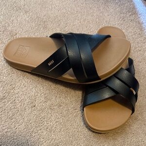 Reef Black Cross-Strap Slide Sandals with Tan Footbed